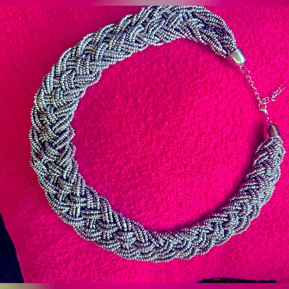 Braided Beads silver tone necklace